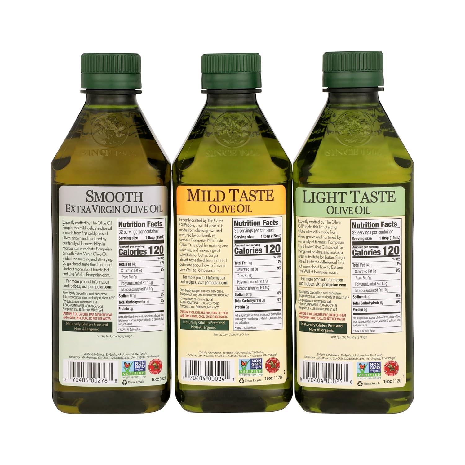 image:imagePompeian Extra Virgin Olive Oil Variety Pack Smooth EVOO Gourmet Selection EVOO Robust EVOO Contains Polyphenols First Cold Pressed 16 Fl Oz Pack of 3Multipack Smooth Mild Taste Light Taste
