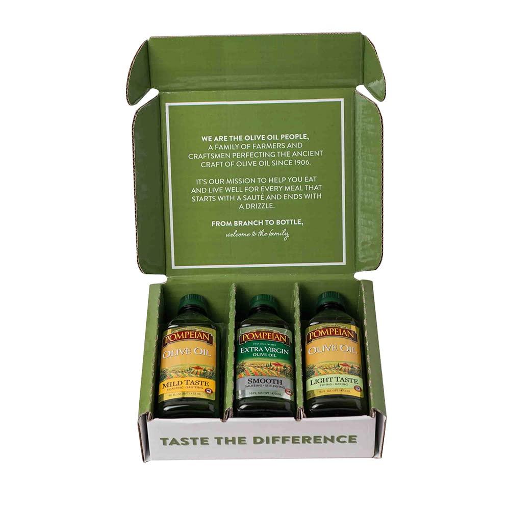 image:imagePompeian Extra Virgin Olive Oil Variety Pack Smooth EVOO Gourmet Selection EVOO Robust EVOO Contains Polyphenols First Cold Pressed 16 Fl Oz Pack of 3Multipack Smooth Mild Taste Light Taste