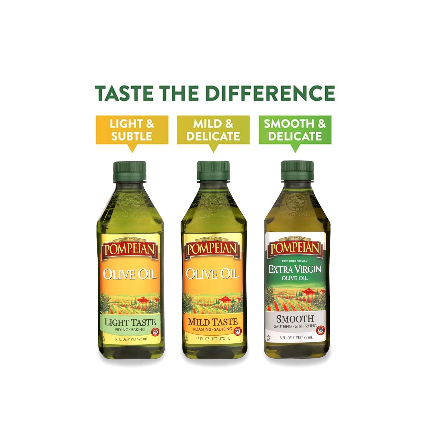image:imagePompeian Extra Virgin Olive Oil Variety Pack Smooth EVOO Gourmet Selection EVOO Robust EVOO Contains Polyphenols First Cold Pressed 16 Fl Oz Pack of 3Multipack Smooth Mild Taste Light Taste