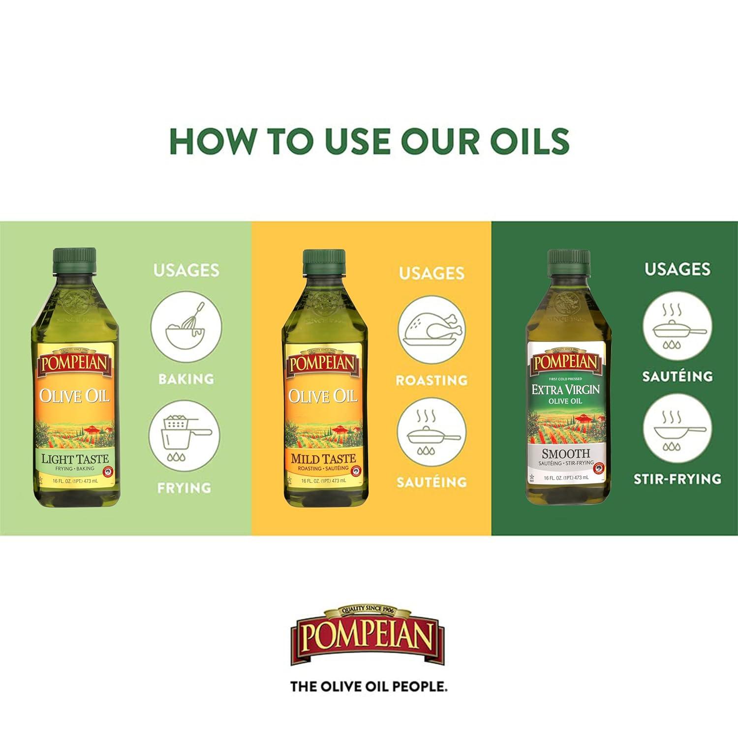 image:imagePompeian Extra Virgin Olive Oil Variety Pack Smooth EVOO Gourmet Selection EVOO Robust EVOO Contains Polyphenols First Cold Pressed 16 Fl Oz Pack of 3Multipack Smooth Mild Taste Light Taste