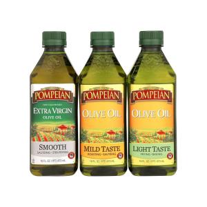 Pompeian Extra Virgin Olive Oil Variety Pack – Smooth EVOO, Gourmet Selection EVOO, Robust EVOO, Contains Polyphenols, First Cold Pressed, 16 Fl Oz, Pack of 3(Multipack: Smooth  Mild Taste  Light Taste)
