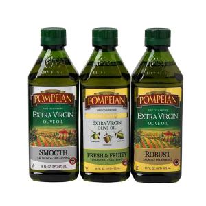 Pompeian Extra Virgin Olive Oil Variety Pack – Smooth EVOO, Gourmet Selection EVOO, Robust EVOO, Contains Polyphenols, First Cold Pressed, 16 Fl Oz, Pack of 3(Multipack: Smooth  Gourmet  Robust)